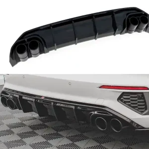 Akce Audi A3 8Y, vložka zadního nárazníku s imitacemi koncovek výfuku, S-Line, s černými imitacemi koncovek, Maxton design