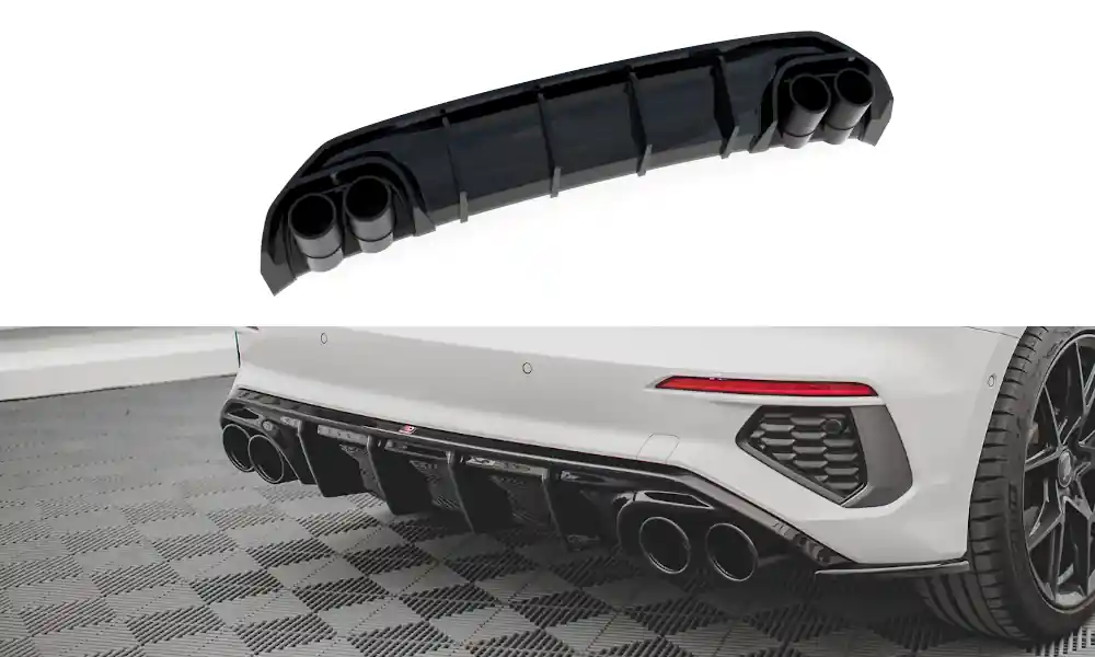 Akce Audi A3 8Y, vložka zadního nárazníku s imitacemi koncovek výfuku, S-Line, s černými imitacemi koncovek, Maxton design