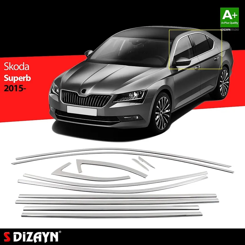 Značkový Nerez chrom lišty kolem oken dveří Škoda Superb III